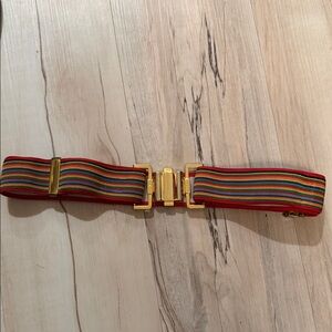 Vtg Gold-Tone Red Multi-Stripe Elastic Waist Belt, Sz Sm/Med